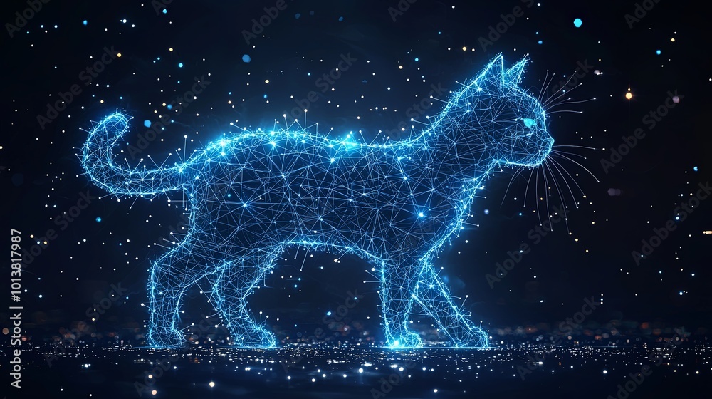 A neon cat walks amidst a star-filled night sky, embracing the cosmic landscape with glowing light ticks as it symbolizes digital harmony with nature. A neon cat walks amidst a star-filled night sky, embracing the cosmic landscape with glowing light ticks as it symbolizes digital harmony with nature.