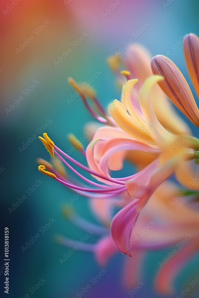 Fototapeta premium Close up of a pink and yellow flower with a blurry rainbow background