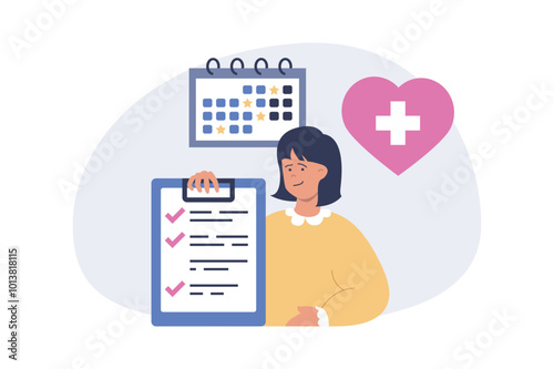 Insurance concept in modern flat design for web. Woman using healthcare policy and medical savings plan with checklist and calendar for health and life support in emergency. Vector illustration.
