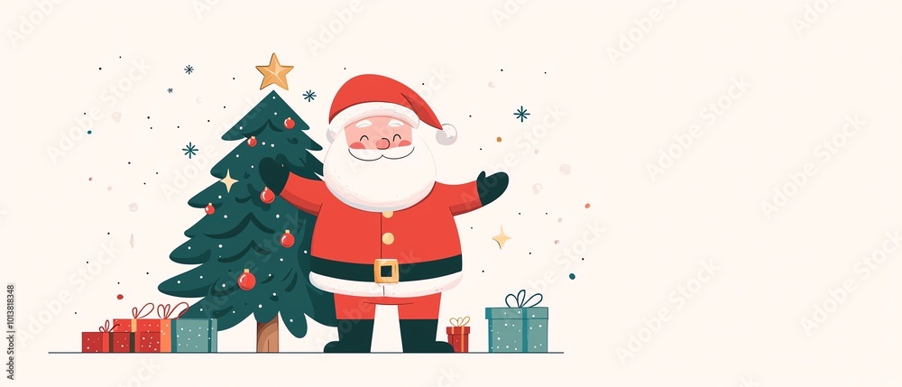 Cheerful Santa Claus standing by a decorated Christmas tree, surrounded by colorful gifts, spreading holiday joy and cheer.