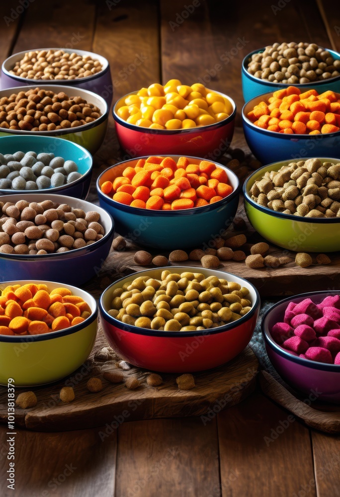 vibrant bowls colorful dog food styled textured surfaces eye catching pet scenes, bright, colors, animal, accessories, natural, ingredients, premium, organic vibrant bowls colorful dog food styled textured surfaces eye catching pet scenes, bright, colors, animal, accessories, natural, ingredients, premium, organic
