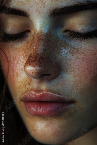 Closeup portrait of a woman with freckles, closed eyes, and soft lighting