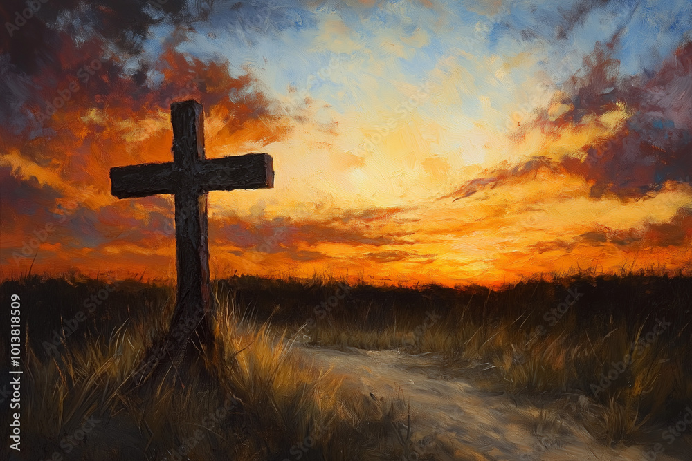 Cross at Sunset with Silhouette Against Dramatic Sky, Christian Faith Symbol in Peaceful Evening Scene, Glowing Horizon Cross at Sunset with Silhouette Against Dramatic Sky, Christian Faith Symbol in Peaceful Evening Scene, Glowing Horizon