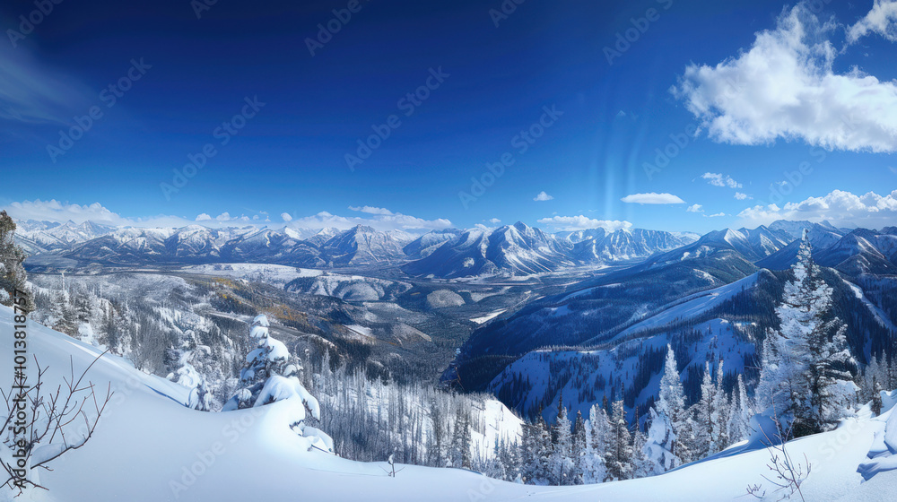 Fototapeta premium A panoramic view of a mountain range in winter, with fresh powder and deep blue skies