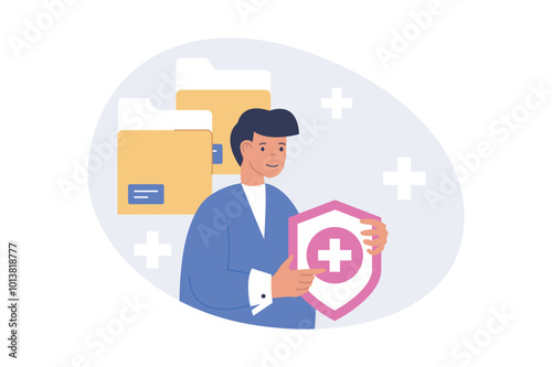 Insurance concept in modern flat design for web. Man concludes agreement of healthcare policy and medical savings plan for health and life save, hospital support in emergency. Vector illustration.