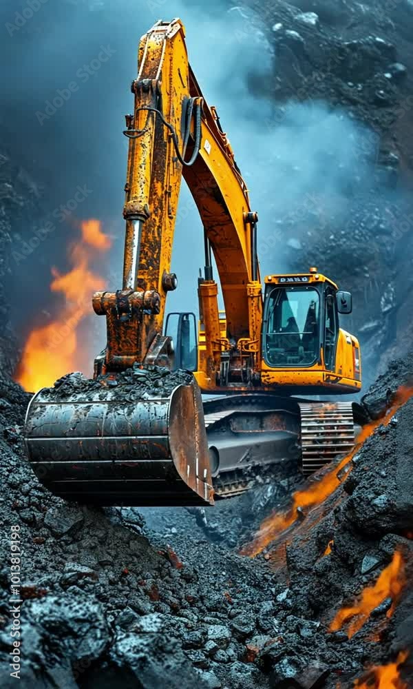 The orage excavator excavates and then unloads the truck. The orage excavator excavates and then unloads the truck.