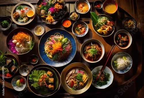 vibrant display colorful asian dishes arrayed rustic wooden table surrounded lively atmosphere tasteful decorations, cuisine, colors, culinary, meal