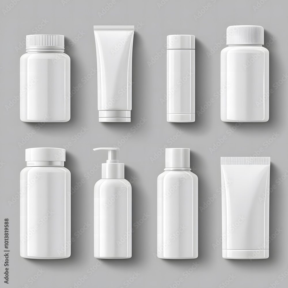 Vector set of white blank plastic cosmetic bottles mockups design and jars for shampoo, body wash, or other beauty products on an isolated background design Vector set of white blank plastic cosmetic bottles mockups design and jars for shampoo, body wash, or other beauty products on an isolated background design