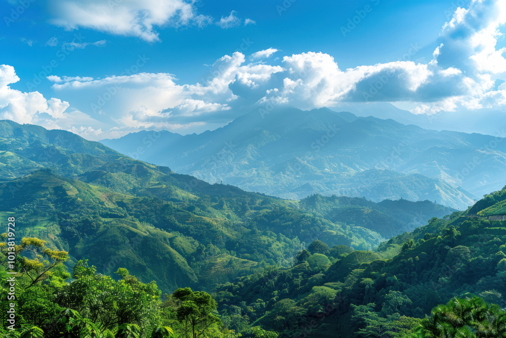 Obraz premium A panoramic view of mountains in an emerging travel destination, offering untouched landscapes and natural beauty