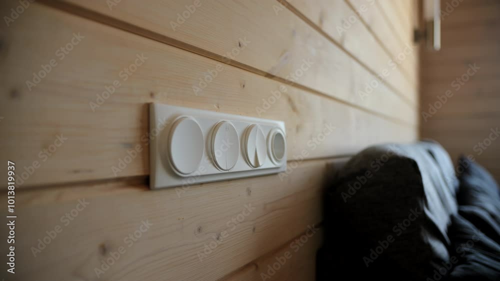 White electrical outlet on wooden wall in interior