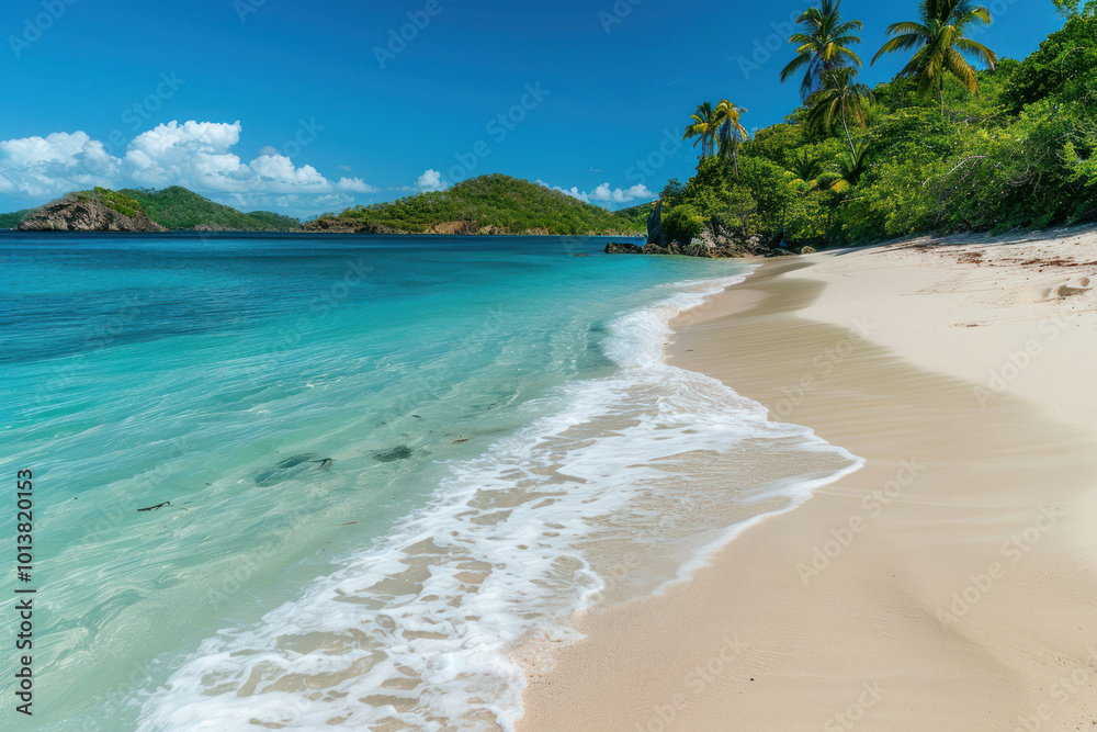 A peaceful beach scene with soft white sand, gentle waves lapping the shore, and a clear blue sky A peaceful beach scene with soft white sand, gentle waves lapping the shore, and a clear blue sky
