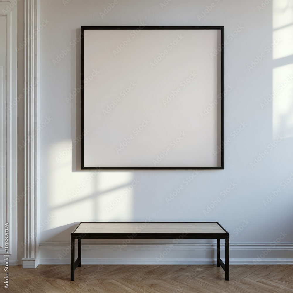 A minimalistic room embodied by a blank square canvas casting soft shadows, representing tranquility and simplicity.