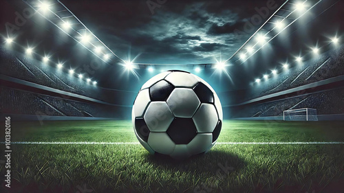 Classic black and white soccer ball on a lush green field, set in a stadium arena. Arrival beam highlights colours of competition and creativity