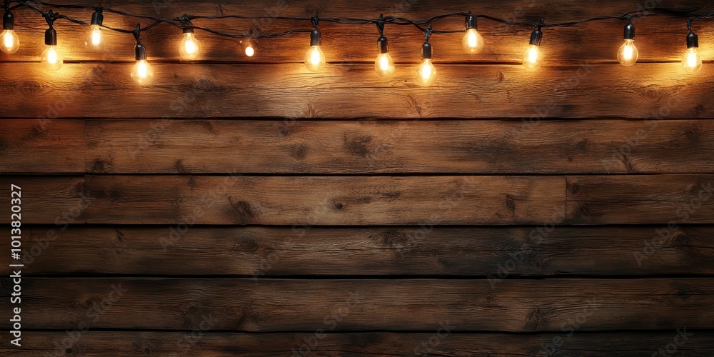 Rustic wooden background with string of warm white fairy lights. Rustic wooden background with string of warm white fairy lights.