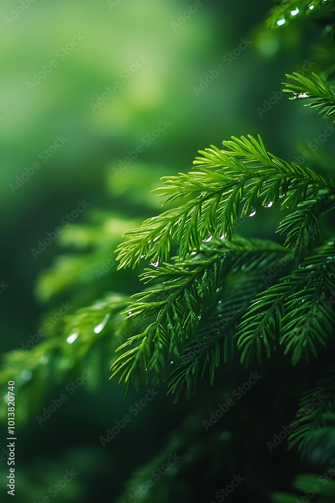 Close up of Green Pine Branch with Water Droplets After Rain Close up of Green Pine Branch with Water Droplets After Rain