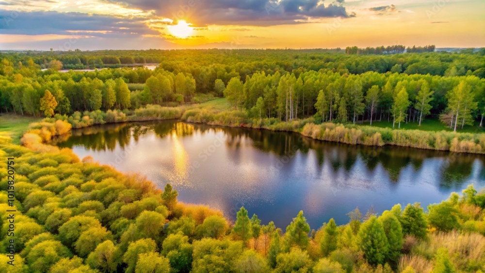 Aerial view of a lake in the forest at sunset. Aerial view of a lake in the forest at sunset.