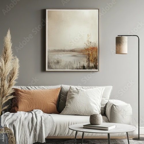 An inviting sofa adorned with cushions is complemented by a landscape painting, creating warmth and comfort in earthy hues. photo