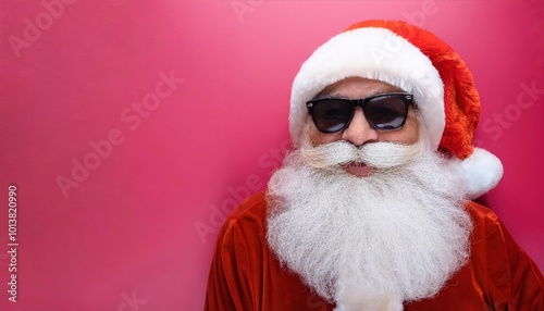 Santa Claus in sunglasses, with a bright pink background.