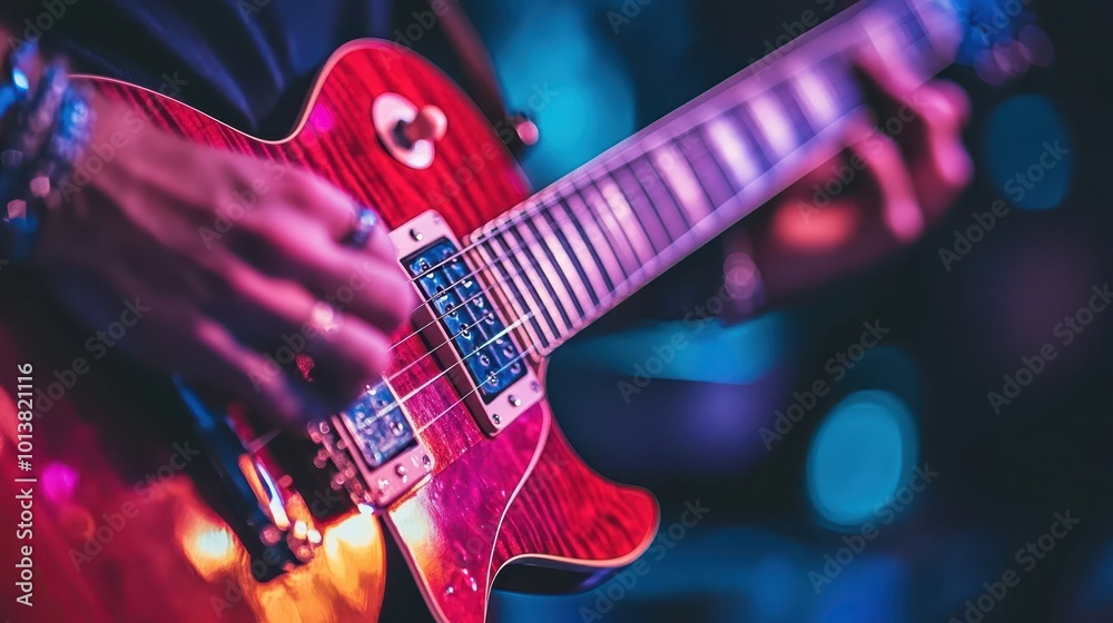 Obraz premium Close-up of an electric guitar being played under neon lights. Music, artistry, and performance concept.