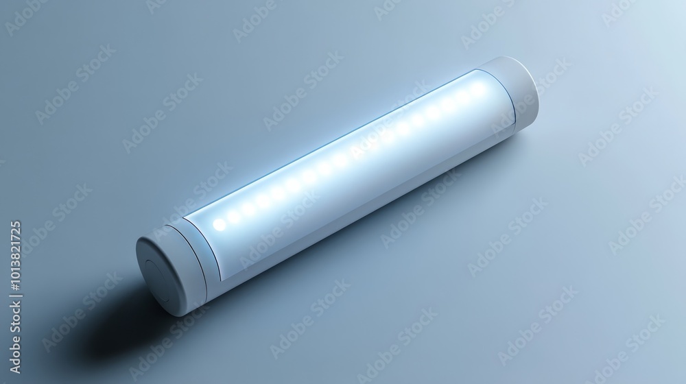 A white LED flashlight on a light blue background. The flashlight is turned on and emitting a bright light. A white LED flashlight on a light blue background. The flashlight is turned on and emitting a bright light.