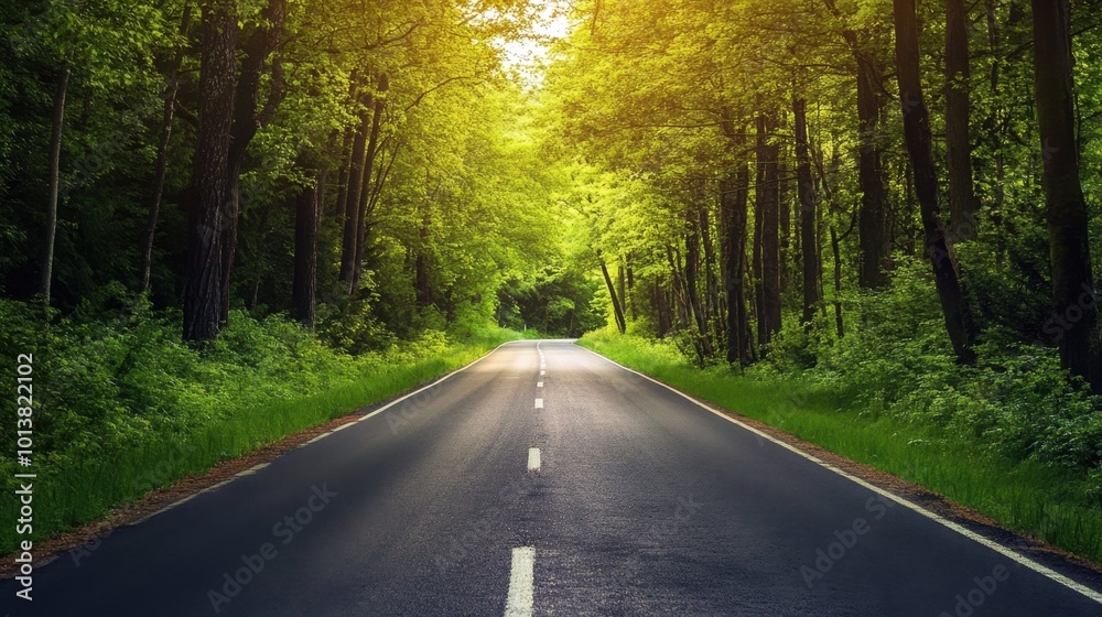 Green forest road stretching ahead, promoting the importance of eco-friendly travel and conservation in maintaining thriving ecosystems. Green forest road stretching ahead, promoting the importance of eco-friendly travel and conservation in maintaining thriving ecosystems.