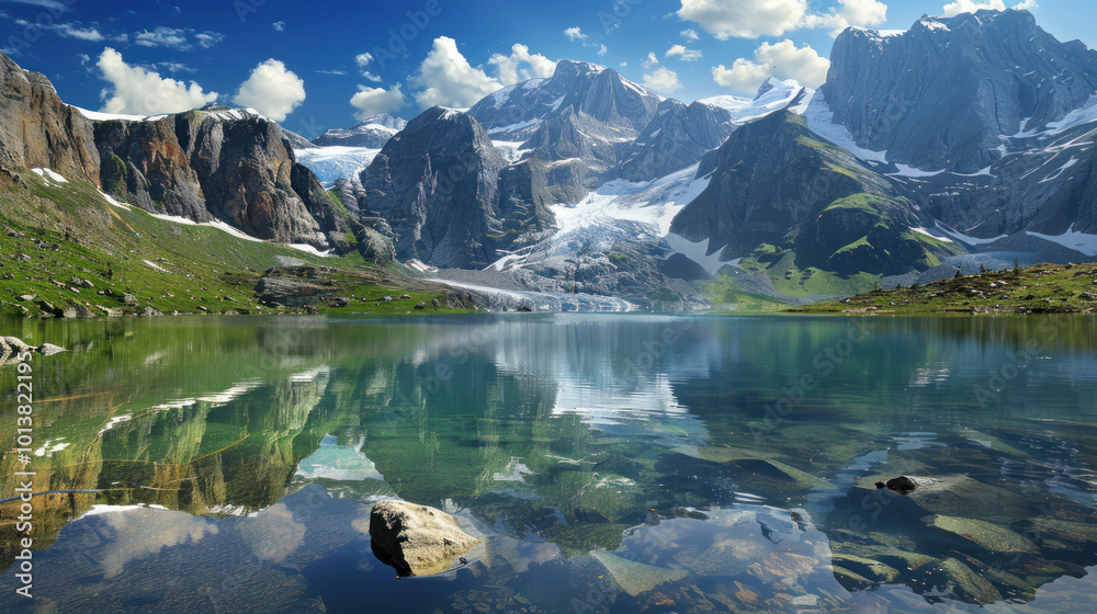 Fototapeta premium A pristine alpine lake with towering snow-capped mountains reflected in the water, untouched by human presence