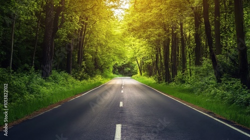 Green forest road stretching ahead, promoting the importance of eco-friendly travel and conservation in maintaining thriving ecosystems.