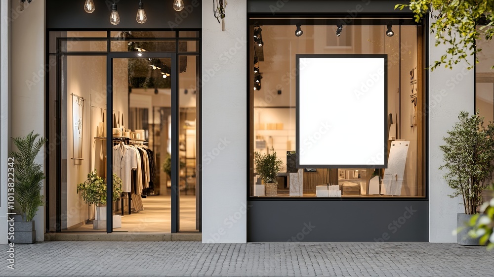 Blank Storefront Sign on Modern Boutique. Mockup Blank Storefront Sign on Modern Boutique. Mockup