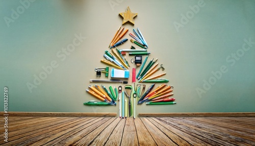 A Christmas tree made of office supplies including pens and pencils.