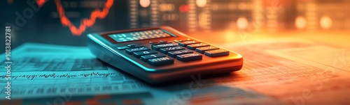 A modern calculator on financial documents with a background of charts, symbolizing finance and data analysis.