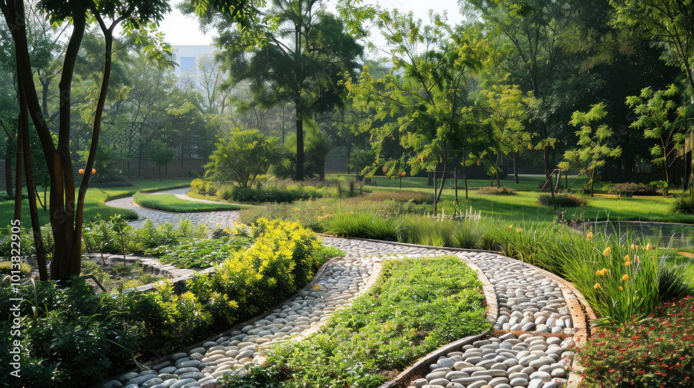A public garden designed with sustainable practices, using rainwater harvesting and natural irrigation methods A public garden designed with sustainable practices, using rainwater harvesting and natural irrigation methods