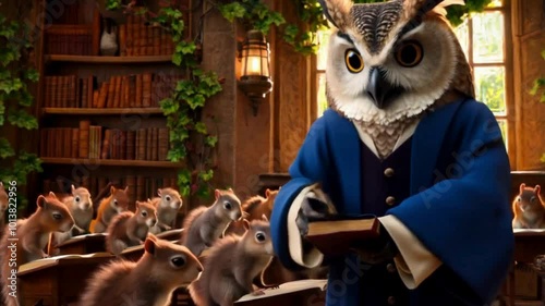 A owl as a professor, lecturing to a class of squirrels