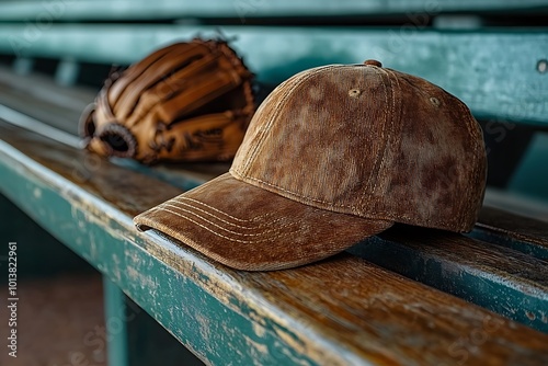 Brown Baseball Cap and Glove on a Wooden Bench