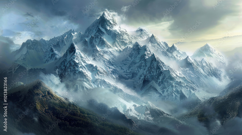 Obraz premium A rare glimpse of a secluded mountain range in an underexplored part of the world, with dramatic peaks and valleys