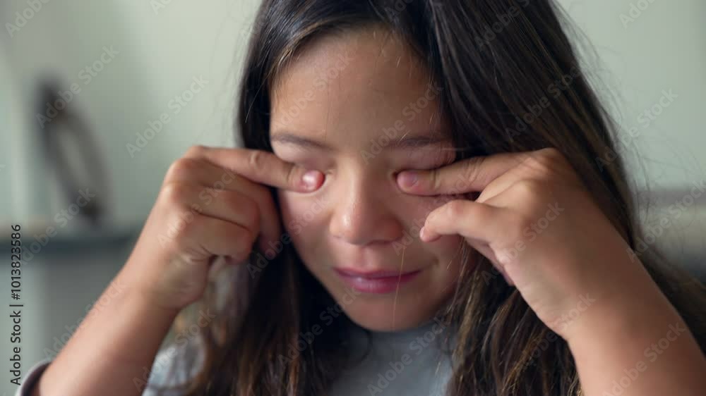 Young girl rubbing her eyes with both hands, showing signs of tiredness. A relatable moment reflecting childhood exhaustion and the need for rest Young girl rubbing her eyes with both hands, showing signs of tiredness. A relatable moment reflecting childhood exhaustion and the need for rest