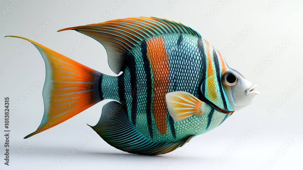 Naklejka premium Colorful Angelfish with Orange and Blue Stripes Isolated on White Background