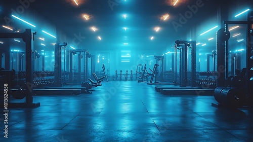 Empty, Blue-Lit Gym with Exercise Equipment