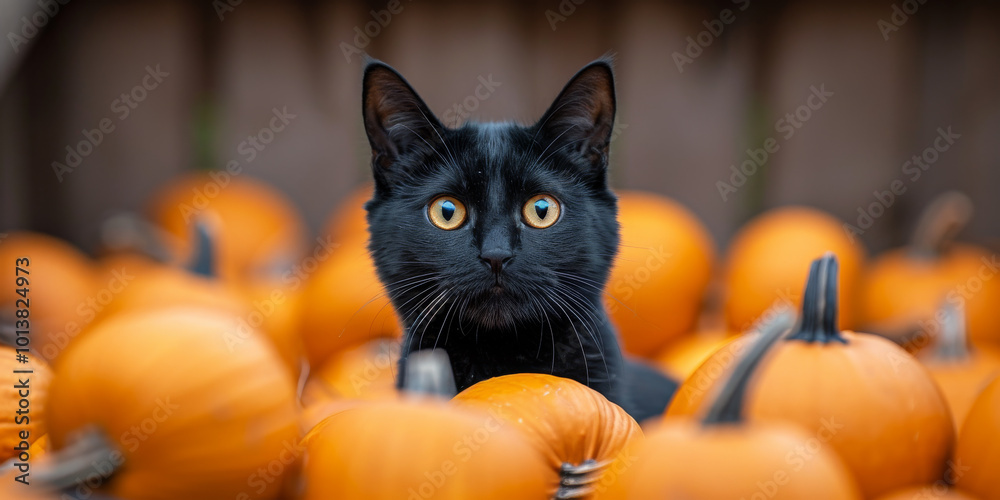 A black cat is standing in front of pumpkins A black cat is standing in front of pumpkins