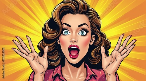 Retro pop art woman expressing excitement with surprised face