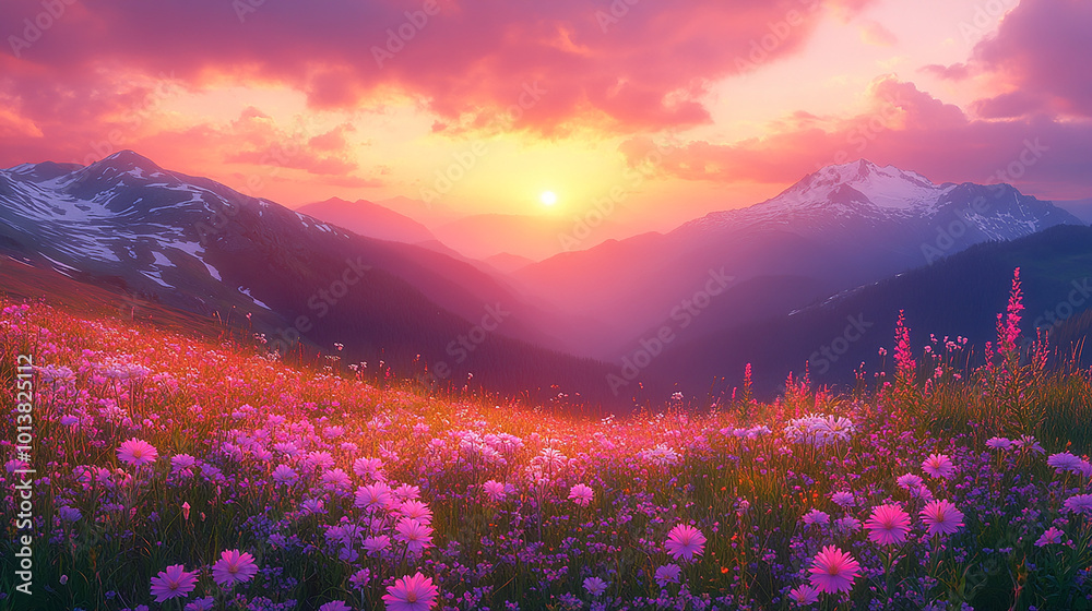 Naklejka premium A vibrant sunset paints the sky above a field of wildflowers nestled in the mountain valley.