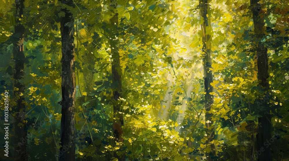 A whimsical forest scene with sunlight, creative oil painted artwork A whimsical forest scene with sunlight, creative oil painted artwork