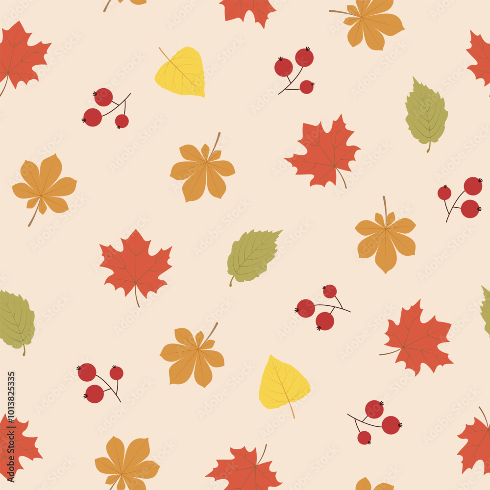 Autumn leaves from different trees and red berries on a beige background. Seamless pattern, flat style. Vegetable background for paper, gift wrap, textile, interior decor. Autumn leaves from different trees and red berries on a beige background. Seamless pattern, flat style. Vegetable background for paper, gift wrap, textile, interior decor.