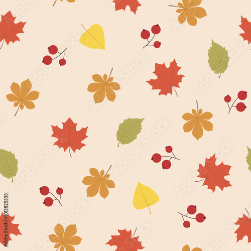 Autumn leaves from different trees and red berries on a beige background. Seamless pattern, flat style. Vegetable background for paper, gift wrap, textile, interior decor.