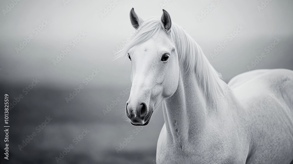 White horse in grayscale, portrait shot. Elegance and grace concept