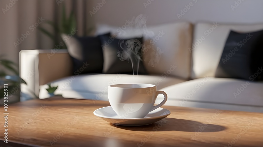 Steaming Cup of Coffee on Wooden Table in Living Room Steaming Cup of Coffee on Wooden Table in Living Room
