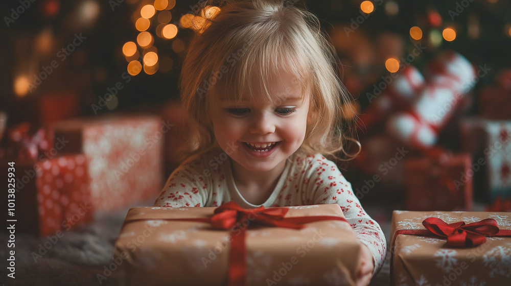 Children Opening Presents, kids excitedly unwrapping gifts in their pajamas, with copy space, Christmas Day Children Opening Presents, kids excitedly unwrapping gifts in their pajamas, with copy space, Christmas Day