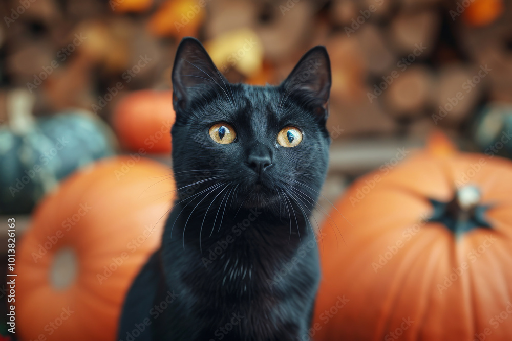A black cat is standing in front of pumpkins A black cat is standing in front of pumpkins