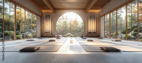 Minimalist Zen Meditation Room with Tatami Mats and Large Windows
