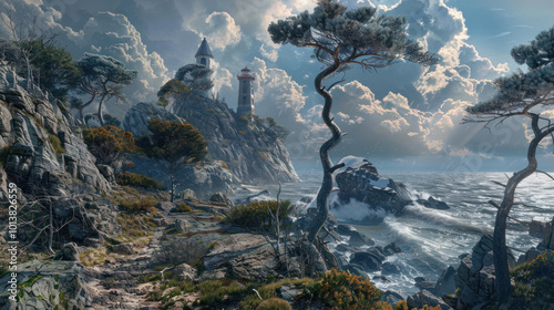 A rugged coastal landscape with rocky outcroppings, wind-swept trees, and a lighthouse in the distance photo