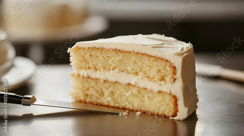 Obraz na płótnie A close-up of a moist vanilla cake slice with smooth, creamy frosting between two layers. The soft texture and sweet frosting make it an irresistible dessert. w salonie
